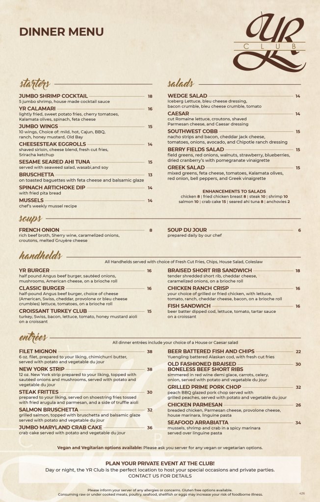 Club Menu Dinner